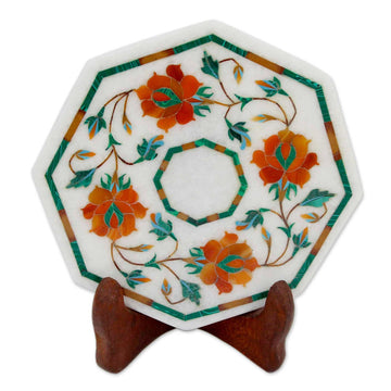 Marble Inlay Decorative Plate in Red and Orange from India - Bright Carousel