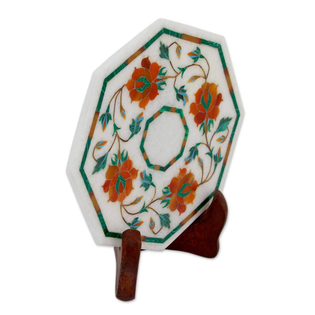Marble Inlay Decorative Plate in Red and Orange from India - Bright Carousel