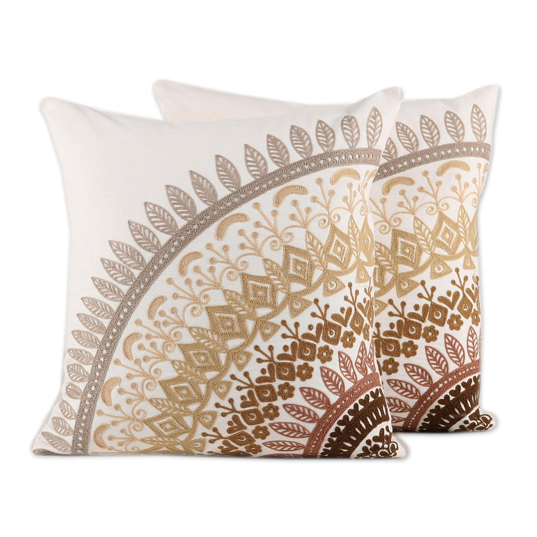 Embroidered Cotton Cushion Covers - Set of 2 - Divine Orchard in Brown