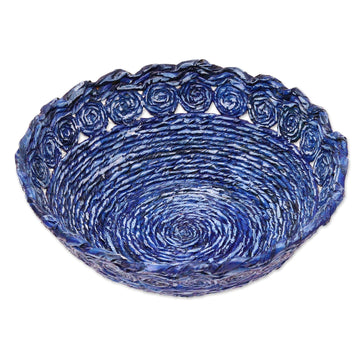 Recycled Paper Basket in Blue from India - Beautiful Spirals in Blue