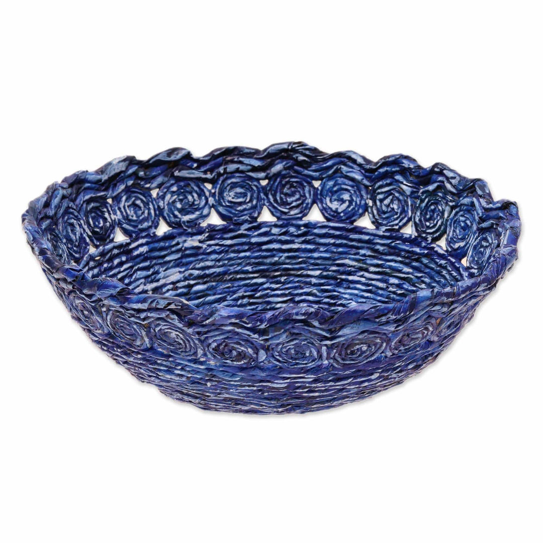 Recycled Paper Basket in Blue from India - Beautiful Spirals in Blue