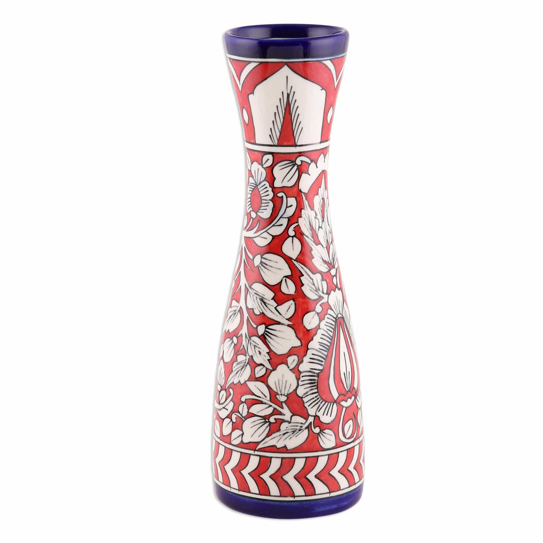 Red Ceramic Decorative Vase with Leaf Motifs from India - Royal Garden in Red