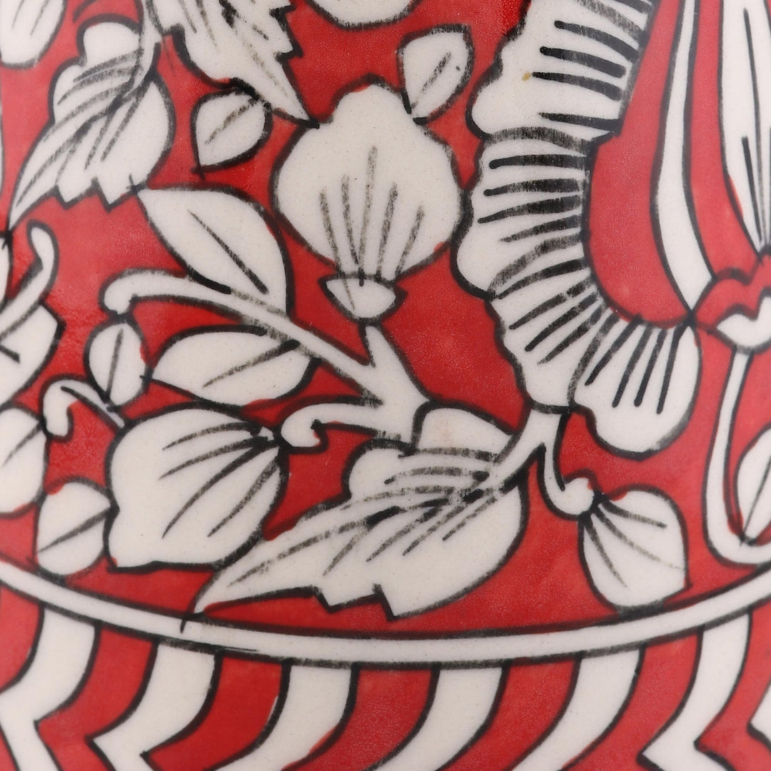 Red Ceramic Decorative Vase with Leaf Motifs from India - Royal Garden in Red
