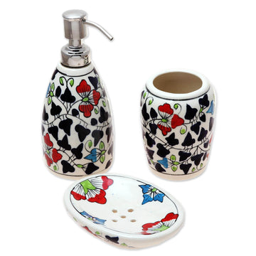 Colorful Floral Ceramic Bathroom Set from India (Set of 3) - Spring Delight