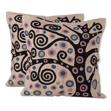 Black Tree Embroidered Cotton Cushion Covers (Pair) - Cheery Tree