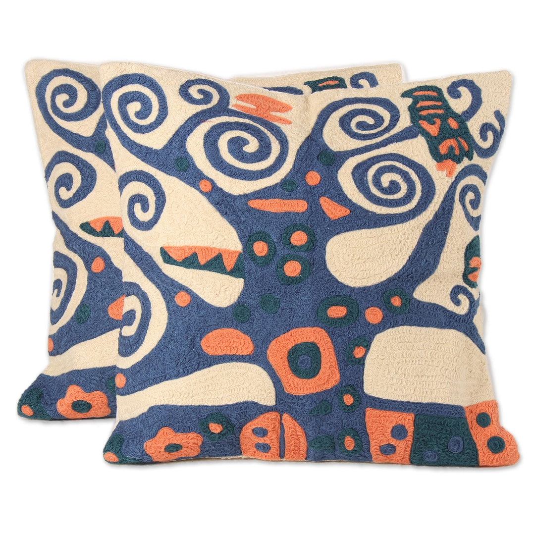 Blue Tree Embroidered Cotton Cushion Covers (Pair) - Swirling Tree