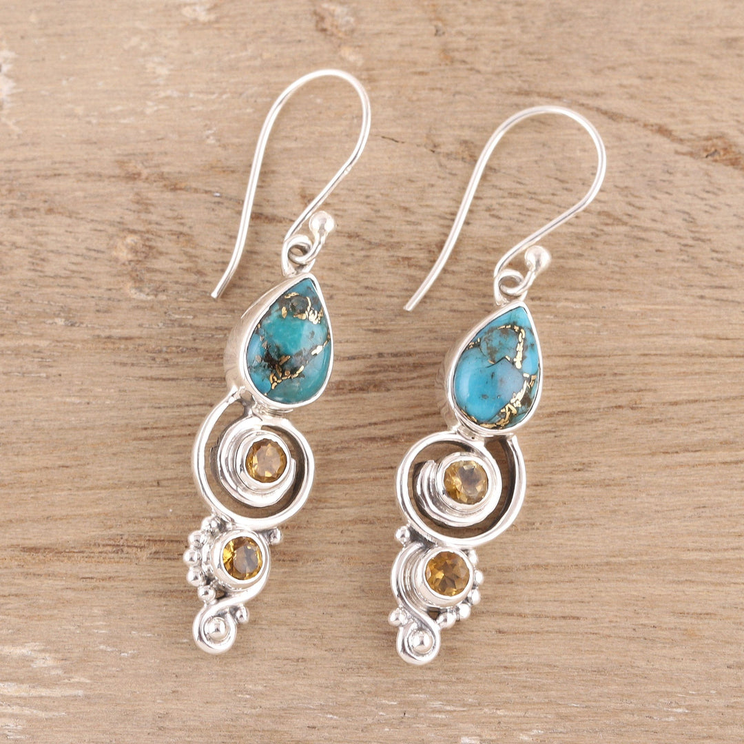 Citrine and Composite Turquoise Dangle Earrings from India - Glistening Curl