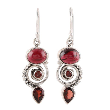 Garnet and Sterling Silver Spiral Dangle Earrings - Fiery Labyrinth