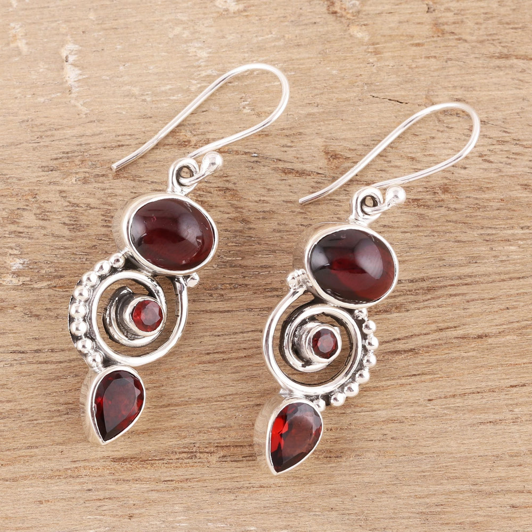 Garnet and Sterling Silver Spiral Dangle Earrings - Fiery Labyrinth