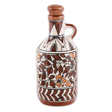 Hand-Painted Floral Ceramic Bottle in Brown from India - Kujra Garden in Brown
