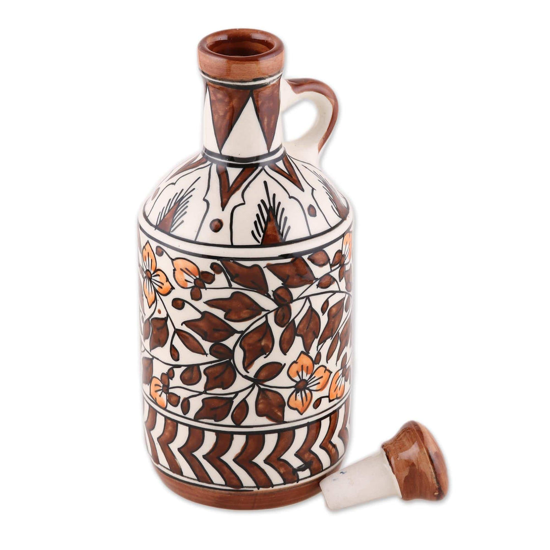 Hand-Painted Floral Ceramic Bottle in Brown from India - Kujra Garden in Brown