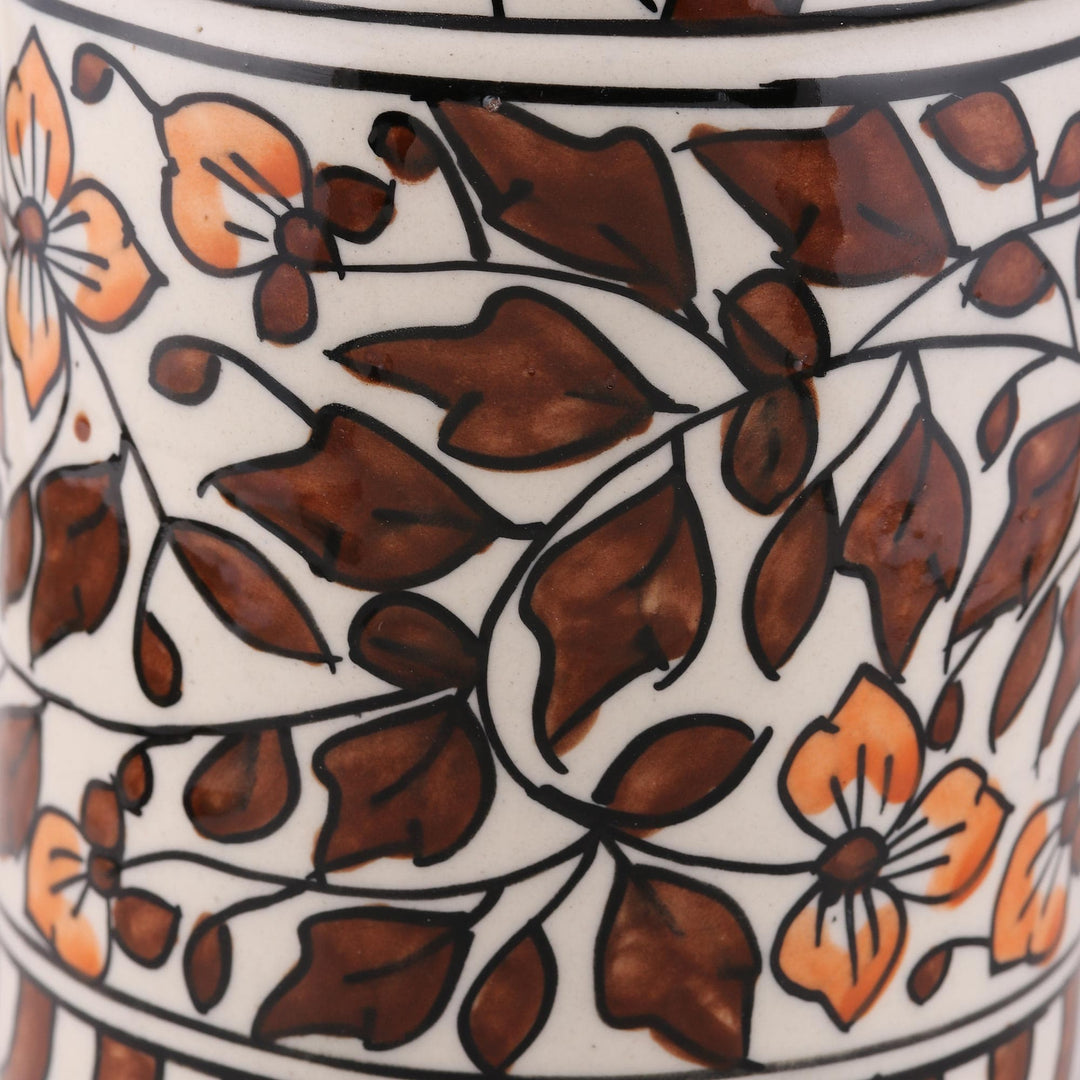 Hand-Painted Floral Ceramic Bottle in Brown from India - Kujra Garden in Brown