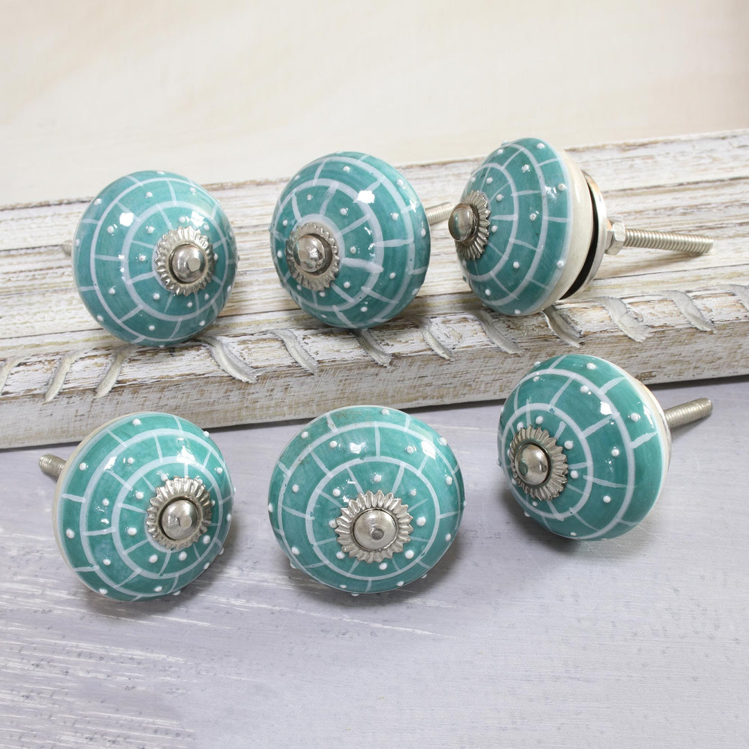Hand-Painted Ceramic Knobs in Turquoise (Set of 6) - Turquoise Layers