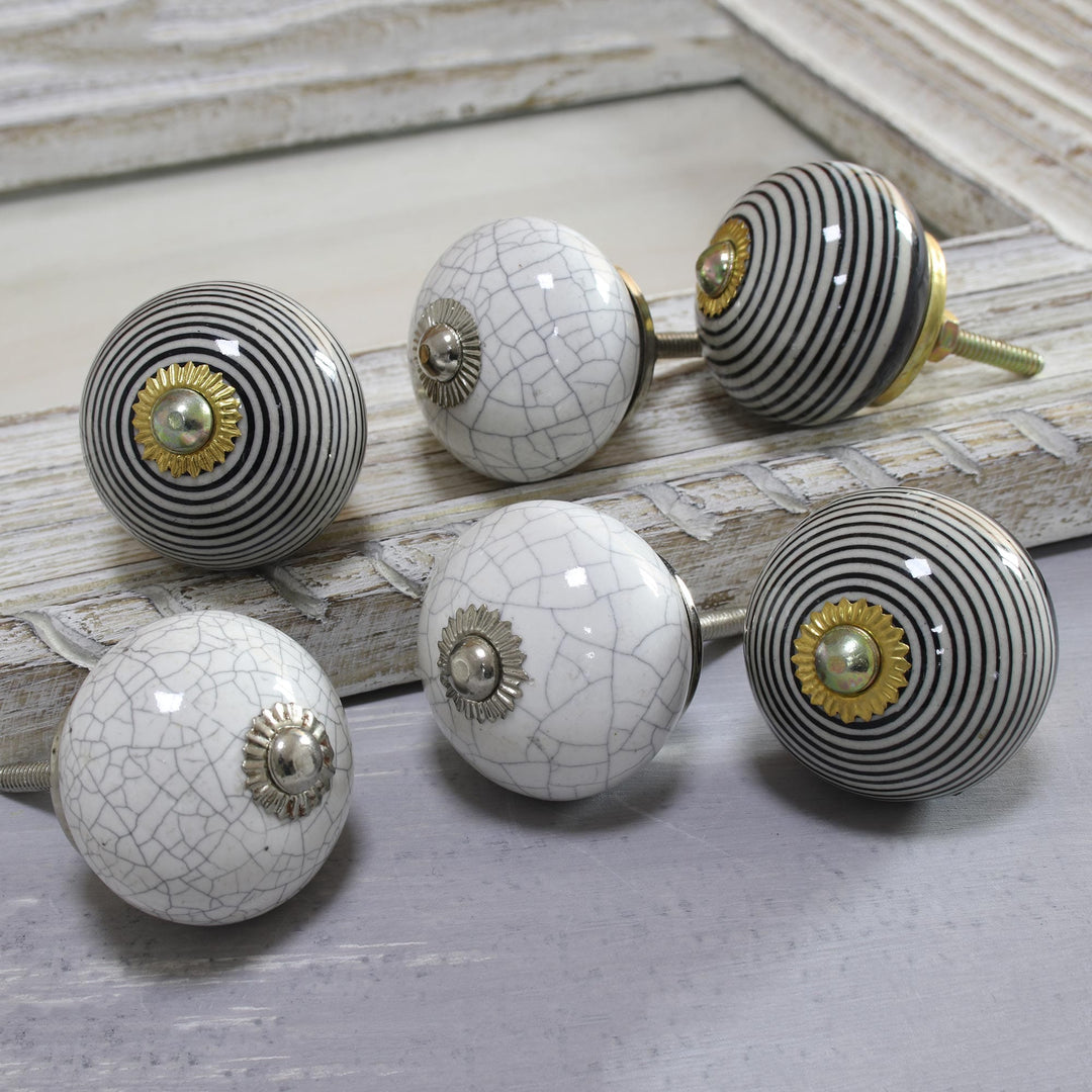 Black and White Modern Ceramic Knobs from India (Set of 6) - Modern Homestead