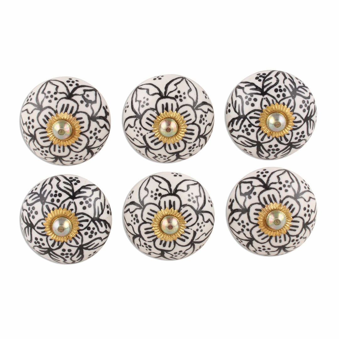 Black and White Floral Ceramic Knobs from India (Set of 6) - Intricate Blossoms
