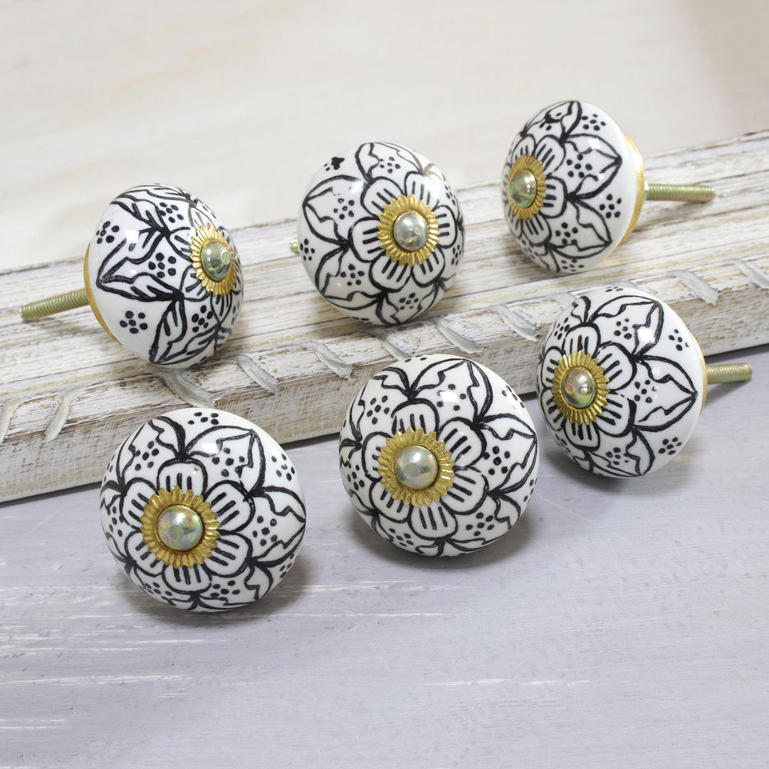 Black and White Floral Ceramic Knobs from India (Set of 6) - Intricate Blossoms