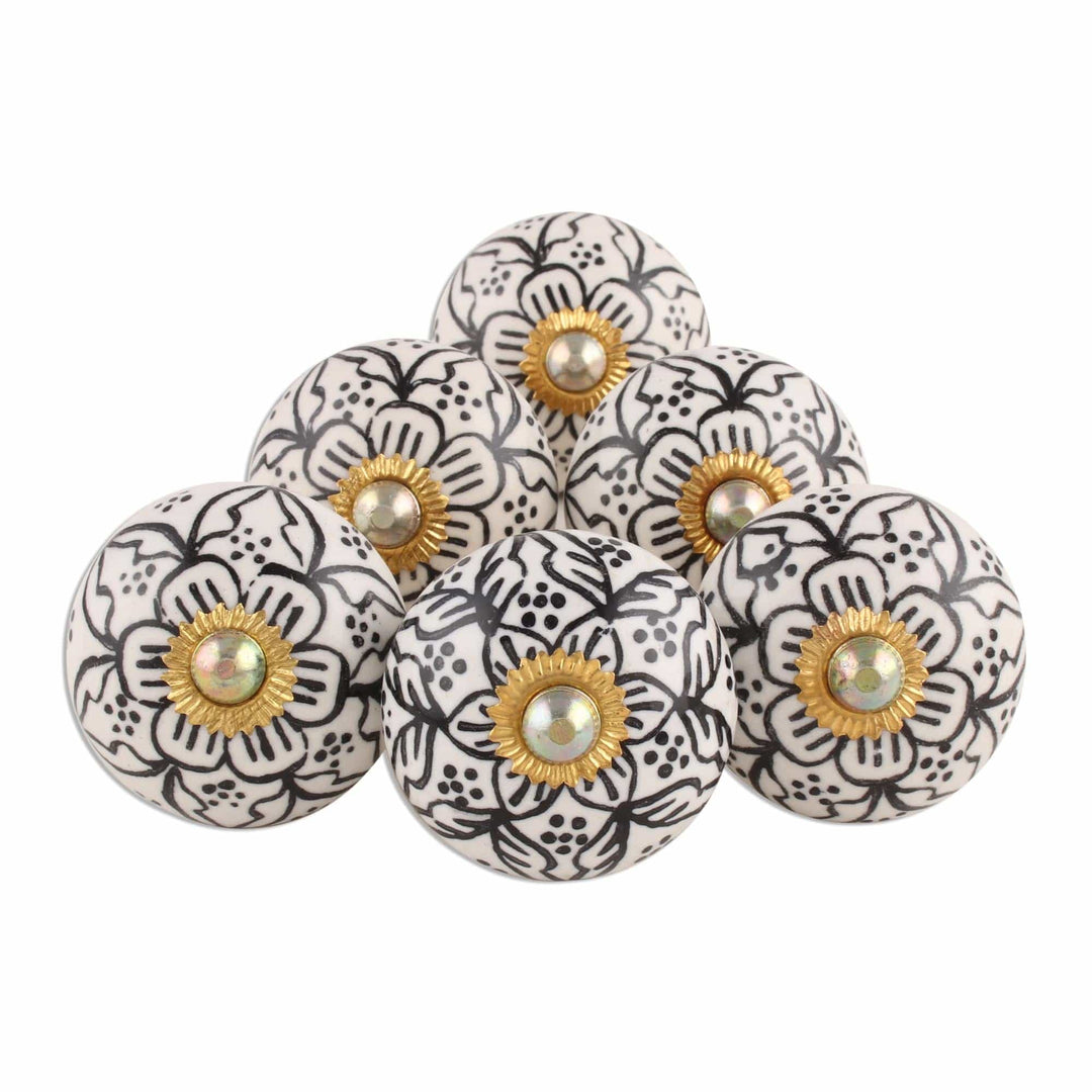 Black and White Floral Ceramic Knobs from India (Set of 6) - Intricate Blossoms
