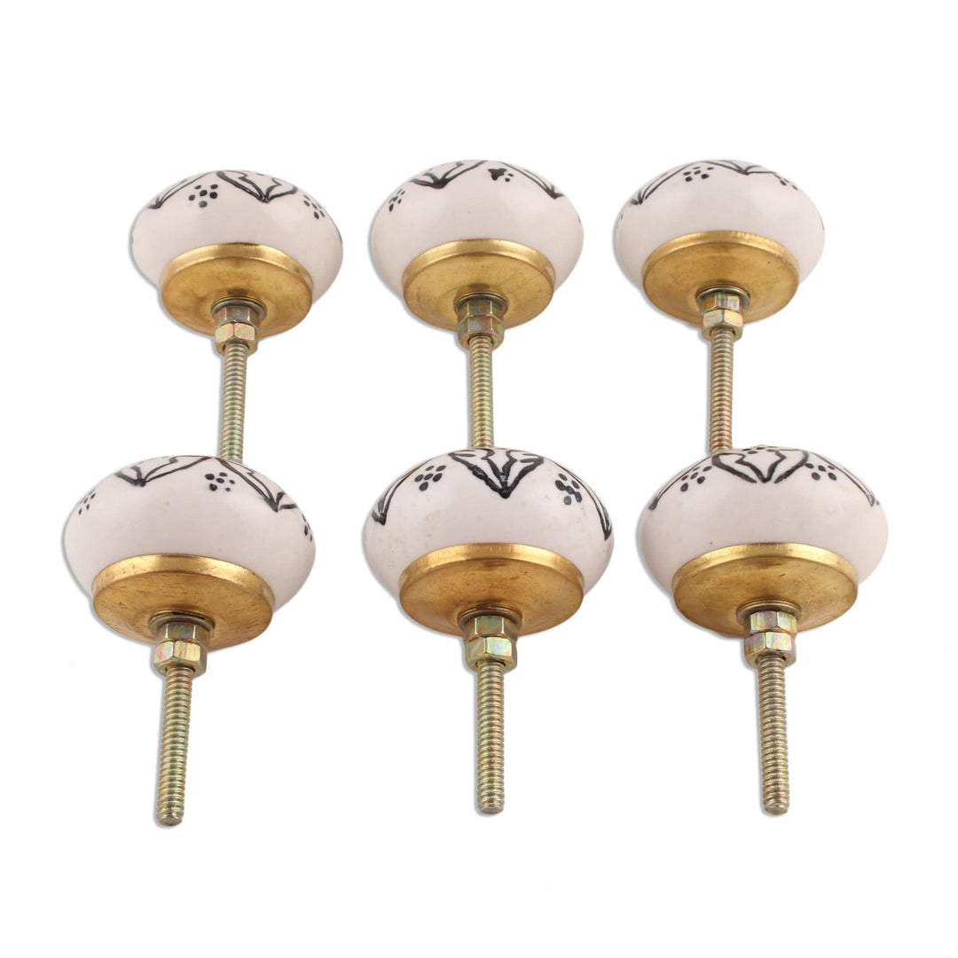 Black and White Floral Ceramic Knobs from India (Set of 6) - Intricate Blossoms