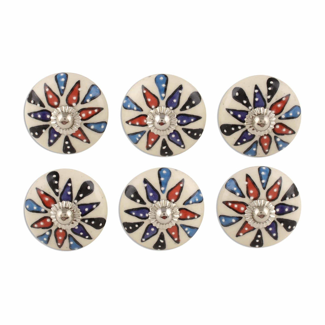 Artisan Crafted Floral Ceramic Knobs from India (Set of 6) - Blissful Floral