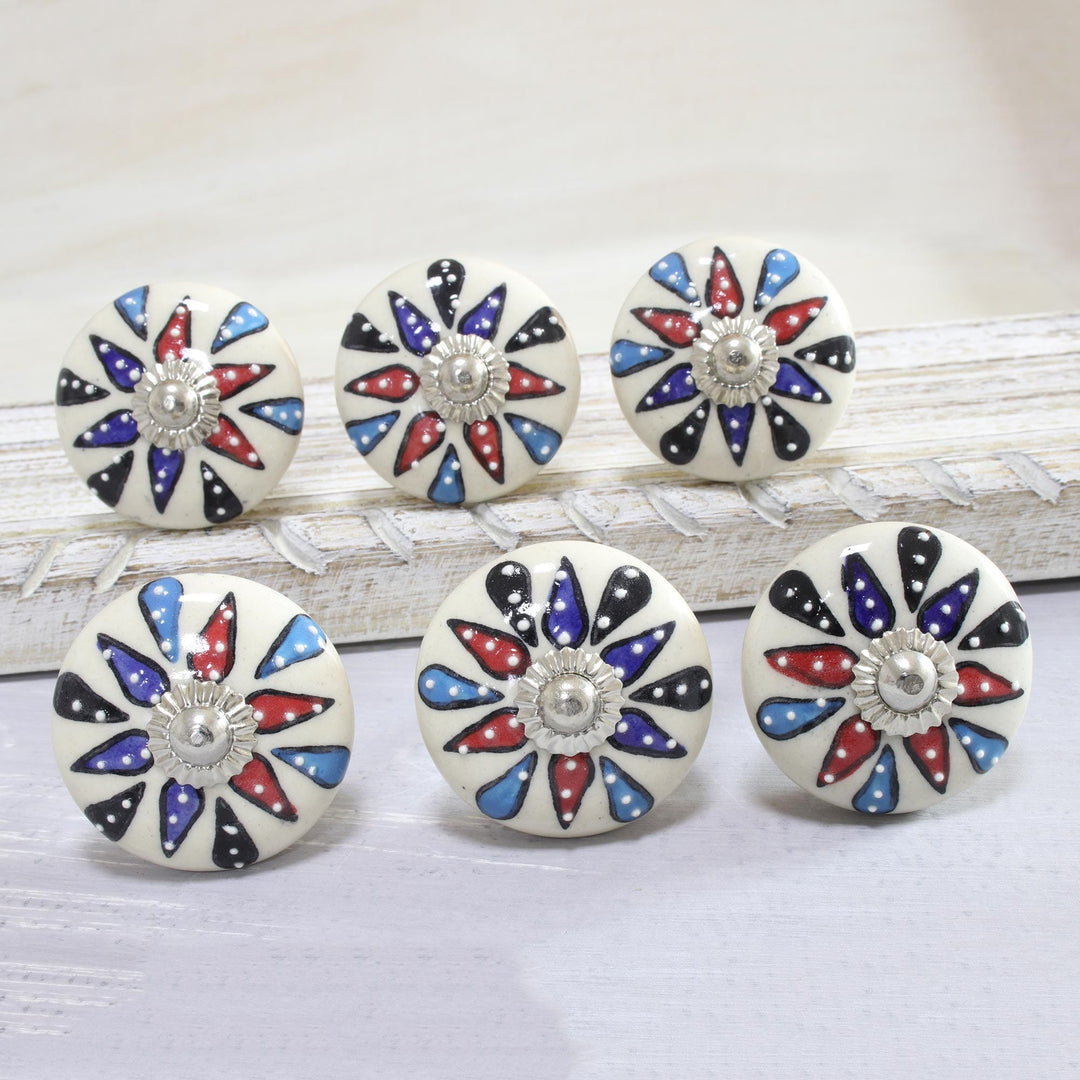 Artisan Crafted Floral Ceramic Knobs from India (Set of 6) - Blissful Floral