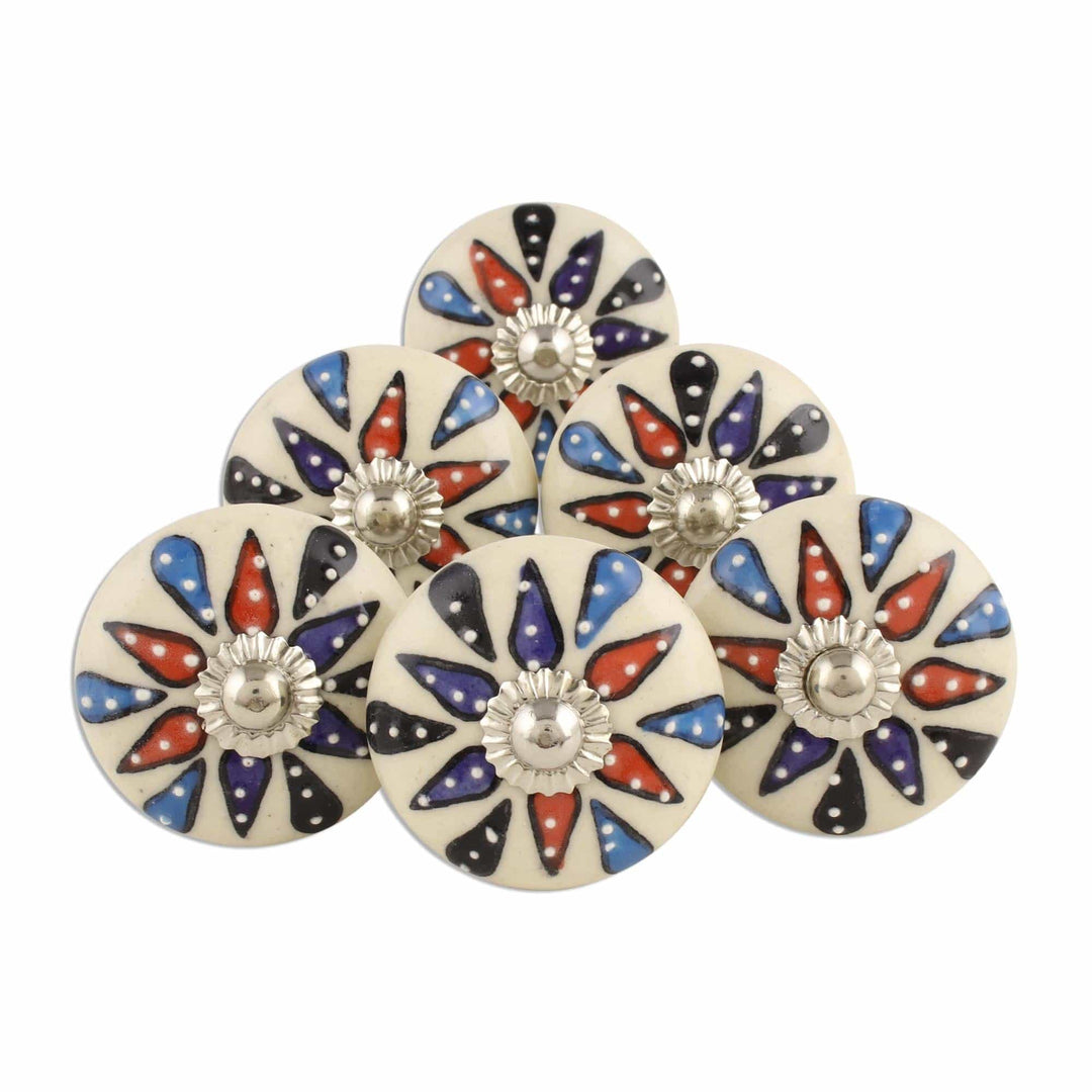 Artisan Crafted Floral Ceramic Knobs from India (Set of 6) - Blissful Floral