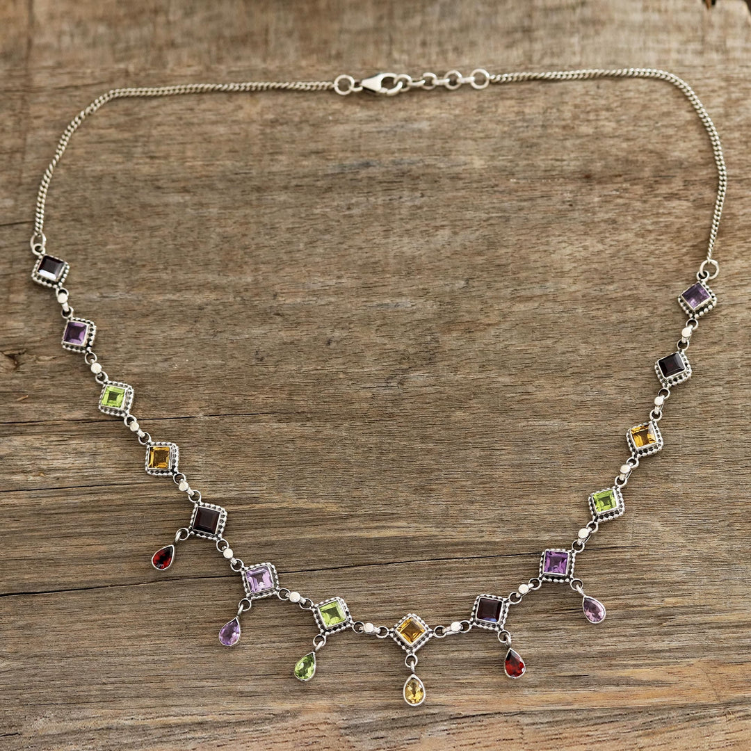 Multi-Gemstone Link Necklace Crafted in India - Shimmering Light