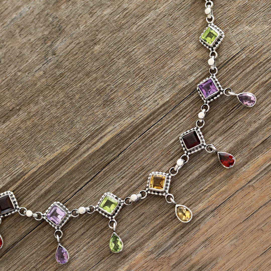 Multi-Gemstone Link Necklace Crafted in India - Shimmering Light
