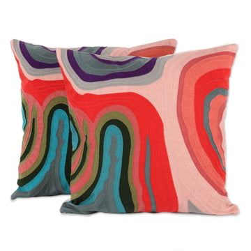 Abstract Embroidered Cotton Cushion Covers from India (Pair) - Abstract Morning