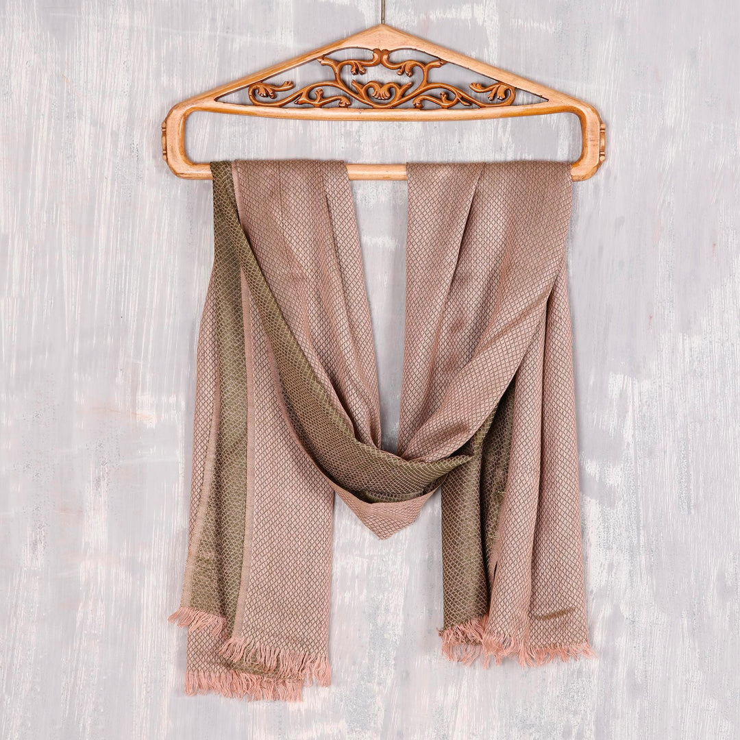 Diamond Pattern Viscose Shawl in Olive and Blush from India - Glamorous Diamonds in Olive