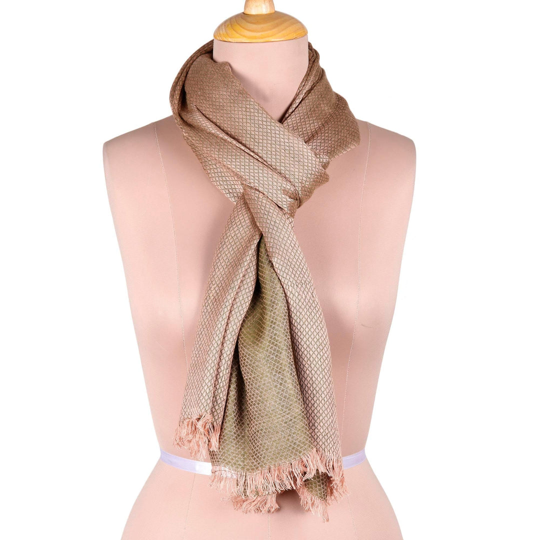 Diamond Pattern Viscose Shawl in Olive and Blush from India - Glamorous Diamonds in Olive