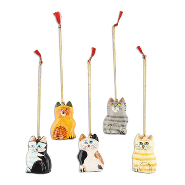 Papier Mache Ornaments - Set of 5 - Cute Kitty Cats
