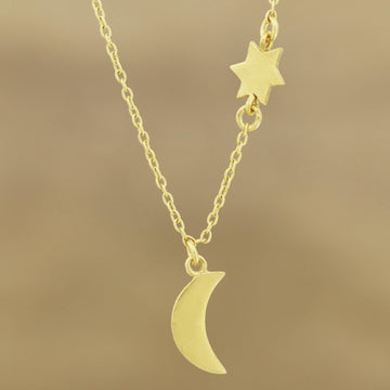 Gold Plated Sterling Silver Moon and Star Pendant Necklace - Celestial Glisten