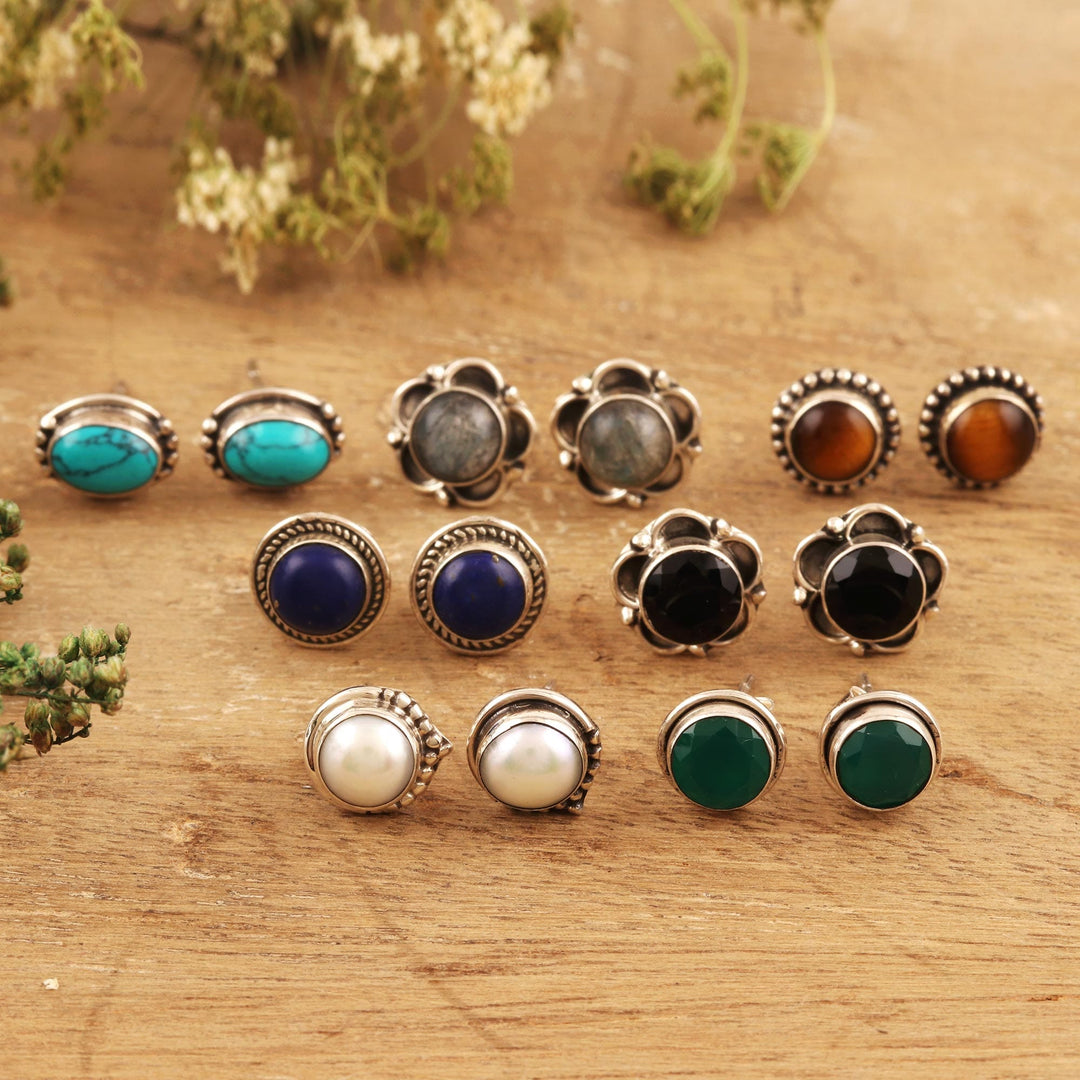 Gemstone Stud Earrings from India (Set of 7) - Everyday Pairs