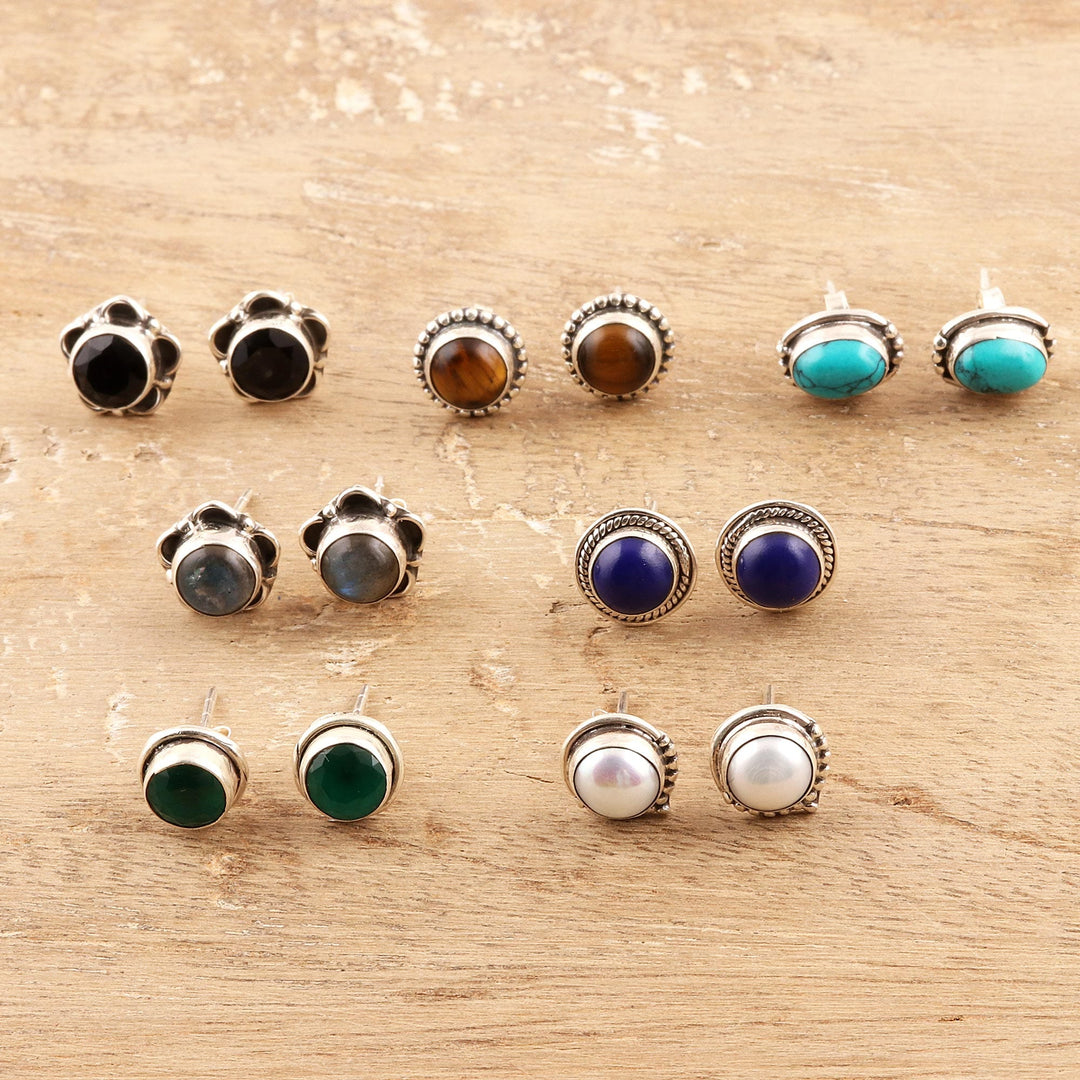 Gemstone Stud Earrings from India (Set of 7) - Everyday Pairs