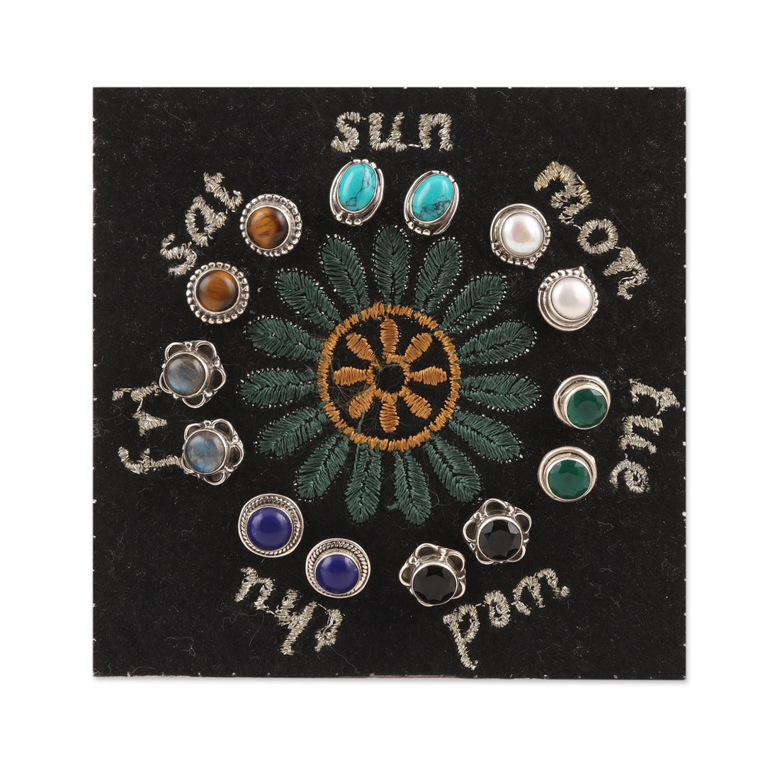 Gemstone Stud Earrings from India (Set of 7) - Everyday Pairs