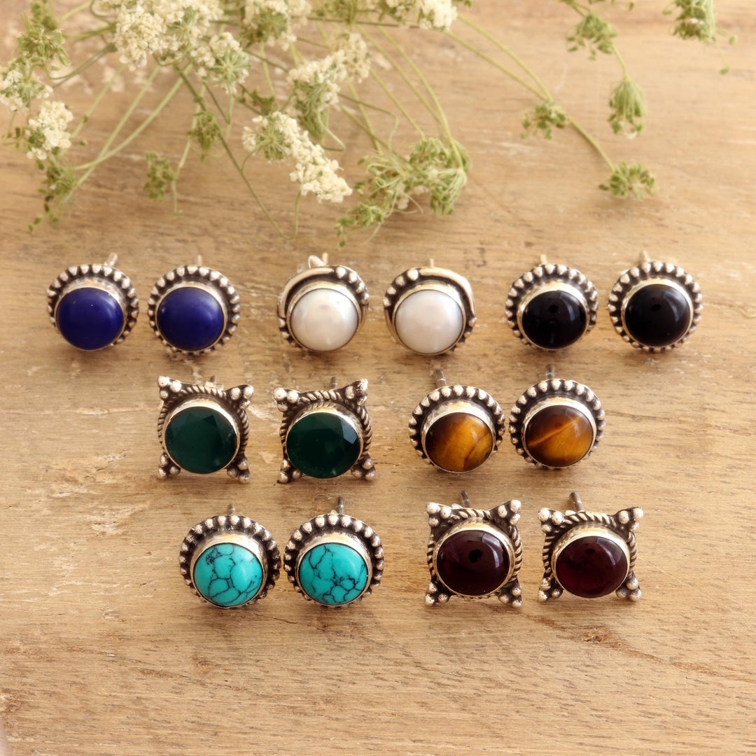 Handmade Multi-Gemstone Stud Earrings (Set of 7) - Everyday Looks