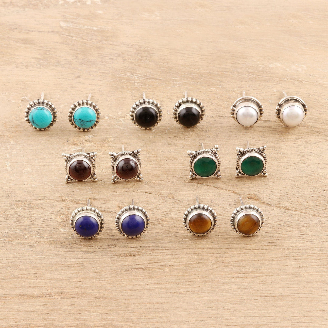 Handmade Multi-Gemstone Stud Earrings (Set of 7) - Everyday Looks