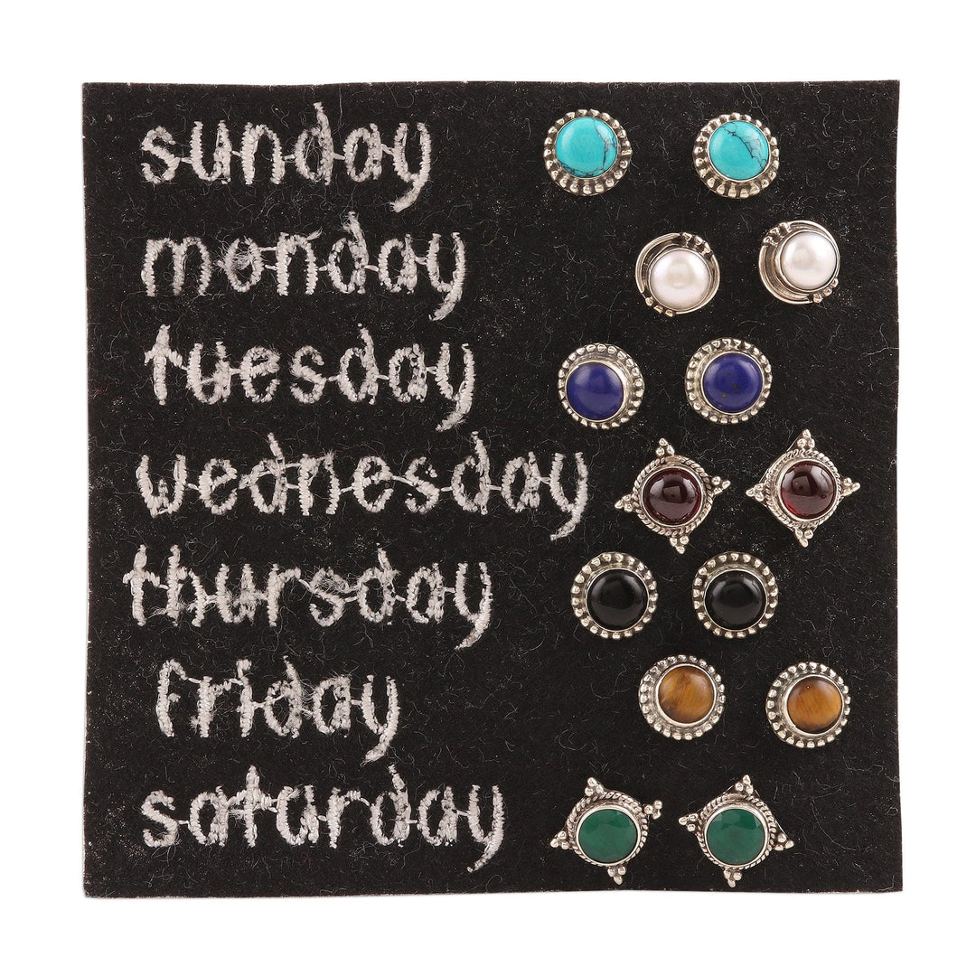 Handmade Multi-Gemstone Stud Earrings (Set of 7) - Everyday Looks