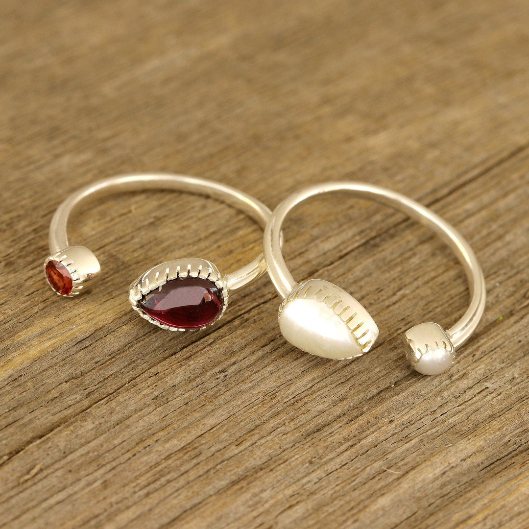 Garnet and Cultured Pearl Wrap Rings - Set of 2 - Stylish Flavor