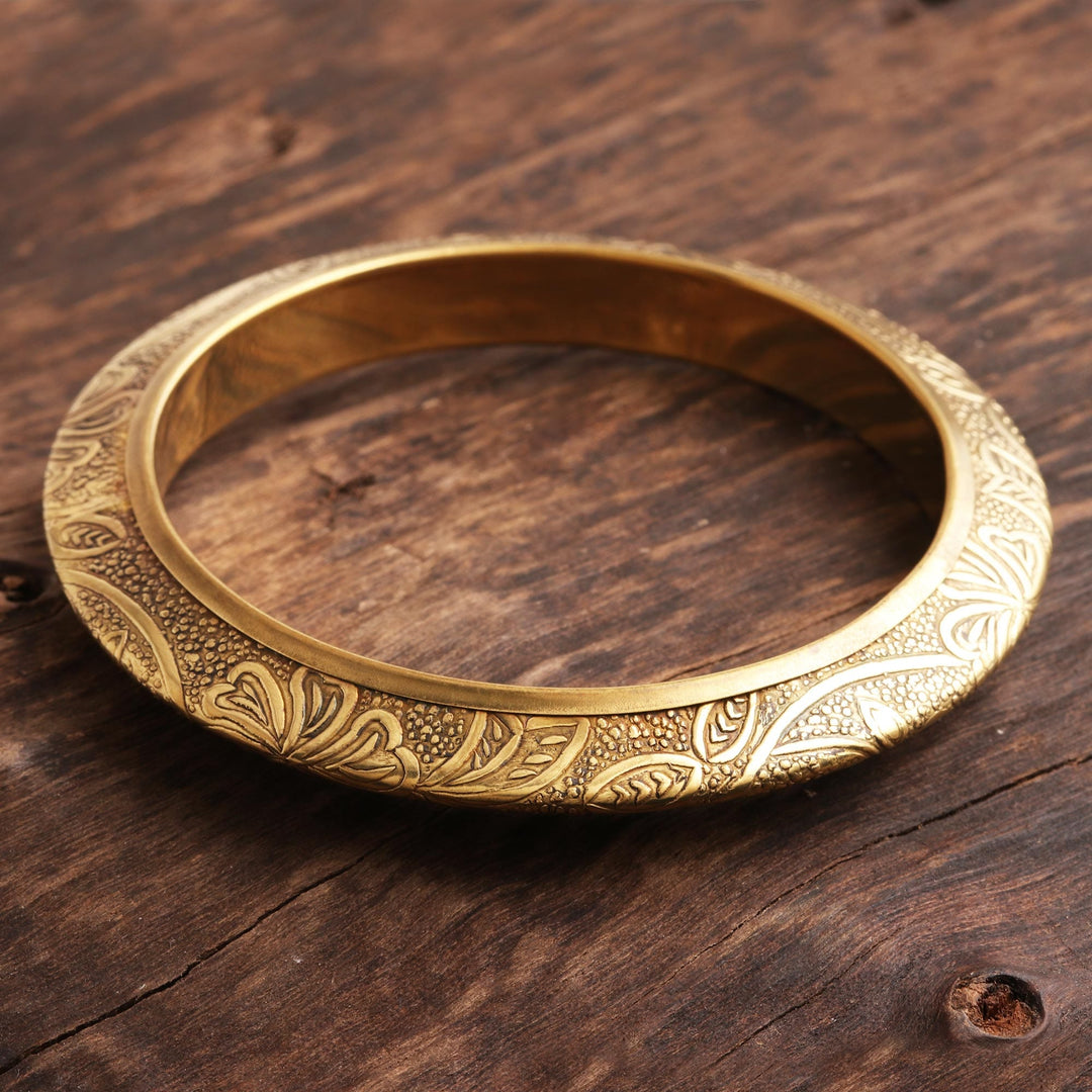 Floral Pattern Brass Bangle Bracelet from India - Floral Classic