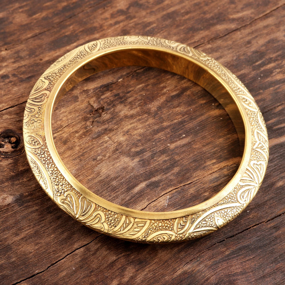 Floral Pattern Brass Bangle Bracelet from India - Floral Classic