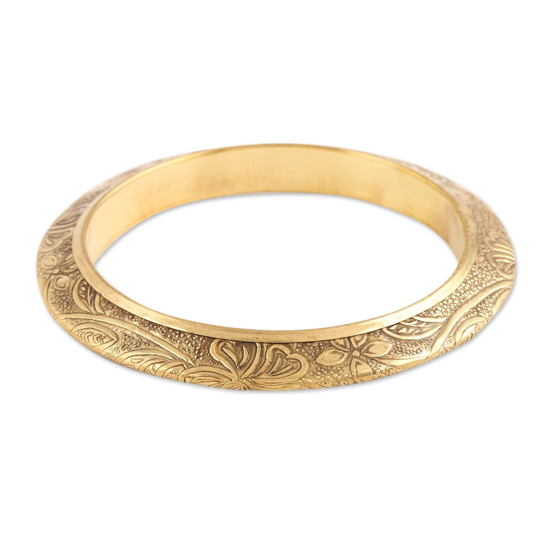 Floral Pattern Brass Bangle Bracelet from India - Floral Classic