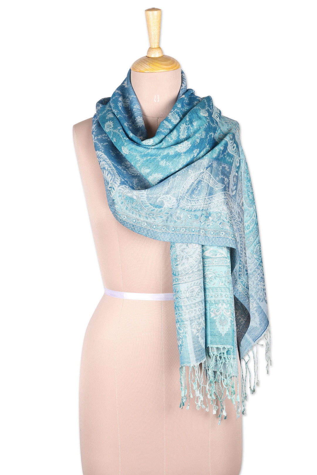 Silk and Wool Blend Jamawar-Style Shawl in Turquoise & Blue - Turquoise Glam