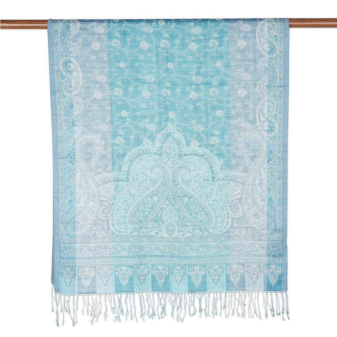 Silk and Wool Blend Jamawar-Style Shawl in Turquoise & Blue - Turquoise Glam
