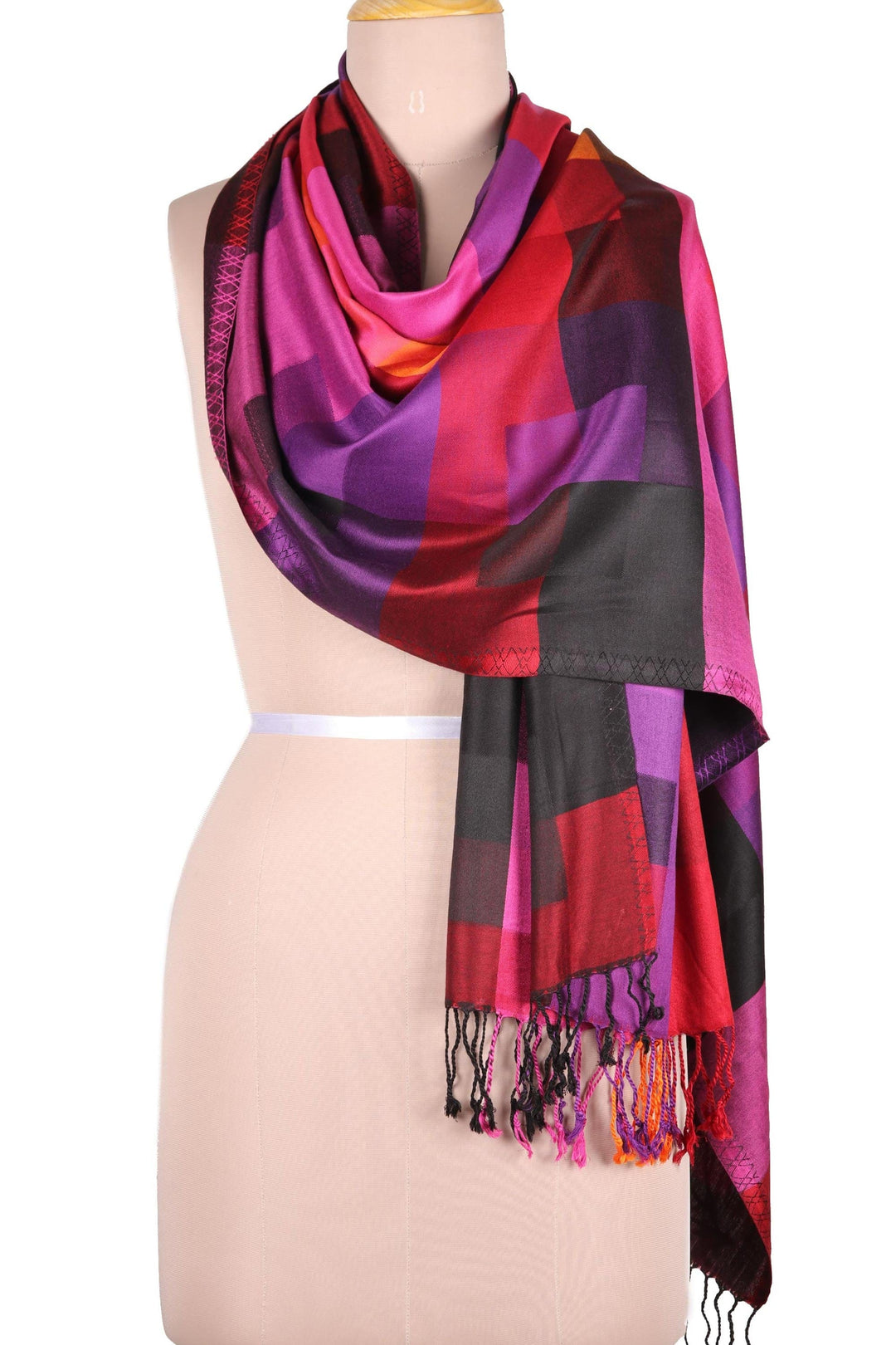 Square Pattern Viscose Shawl from India - Vibrant Kaleidoscope Squares