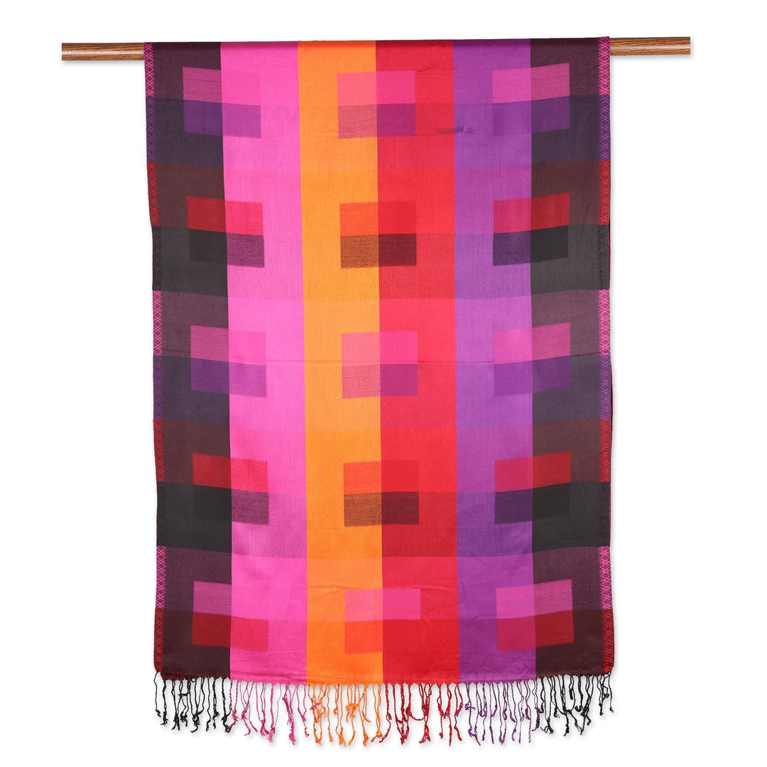 Square Pattern Viscose Shawl from India - Vibrant Kaleidoscope Squares