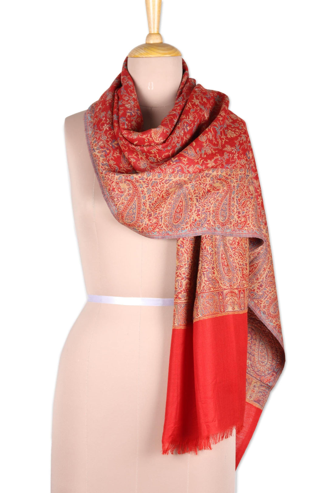 Paisley Motif Wool Shawl in Poppy from India - Paisley Glamour