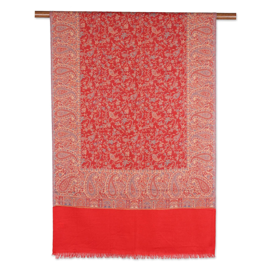 Paisley Motif Wool Shawl in Poppy from India - Paisley Glamour