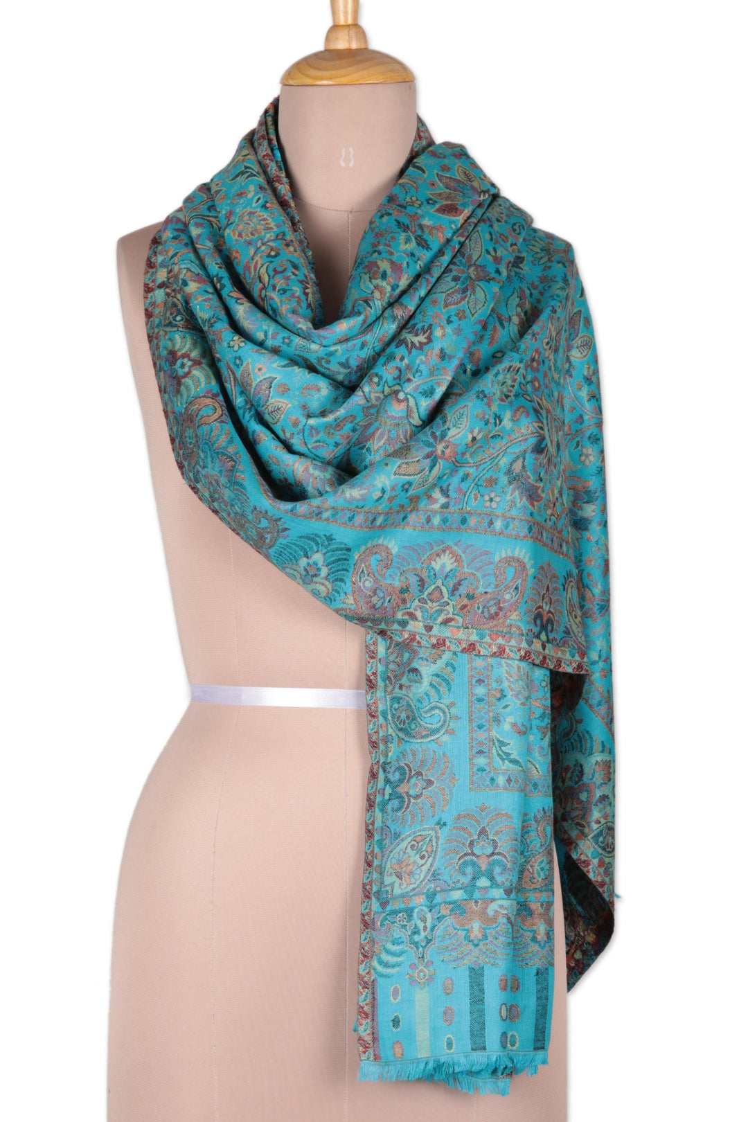 Jacquard Paisley and Floral Shawl in Turquoise - Turquoise Paisley Garden