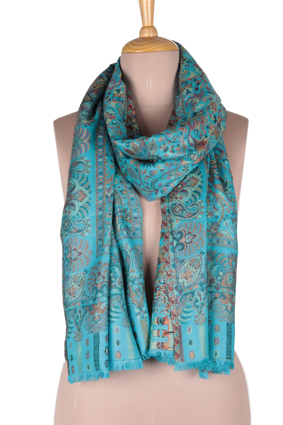 Jacquard Paisley and Floral Shawl in Turquoise - Turquoise Paisley Garden